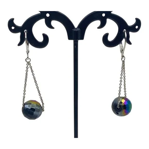 Glass AB Faceted Black Bead Necklace Earring Set Silver Tone 36" Chain 2" Dangle - Picture 8 of 8